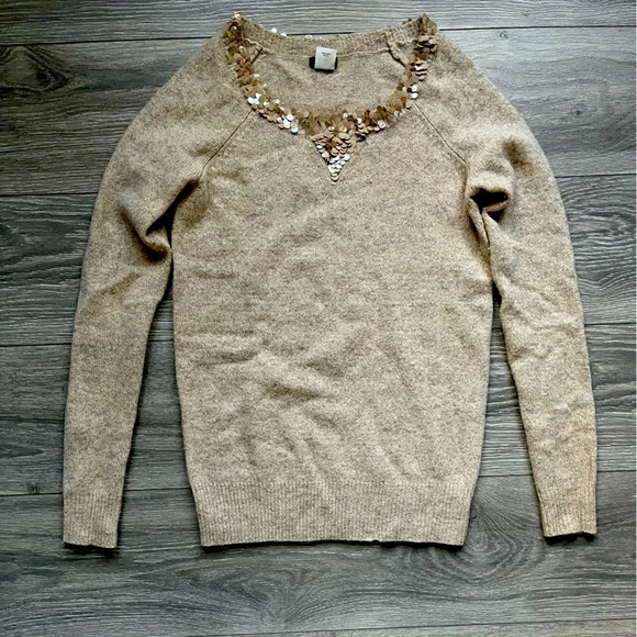 J. Crew oatmeal 100% lambs wool sequined collar long sleeve sweater Size S - Picture 1 of 7